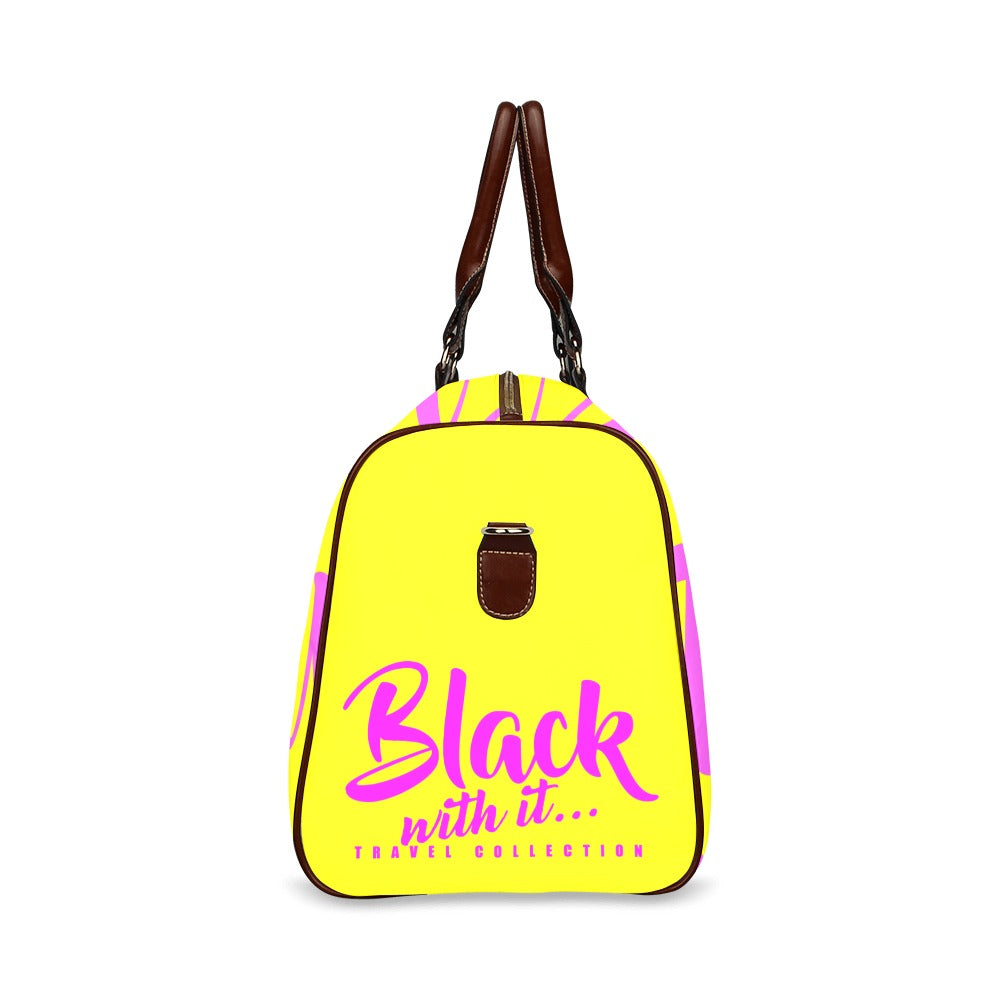 BWI: Luxury Travel Bag: Yellow w/ Pink Font - Brown Leather Straps Waterproof Travel Bag/Large (Model 1639)
