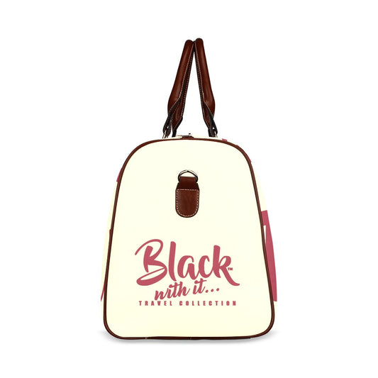BWI Luxury Travel Bag-Cream w/ Crimson Font - Brown Leather Straps/Large (Made To Order)
