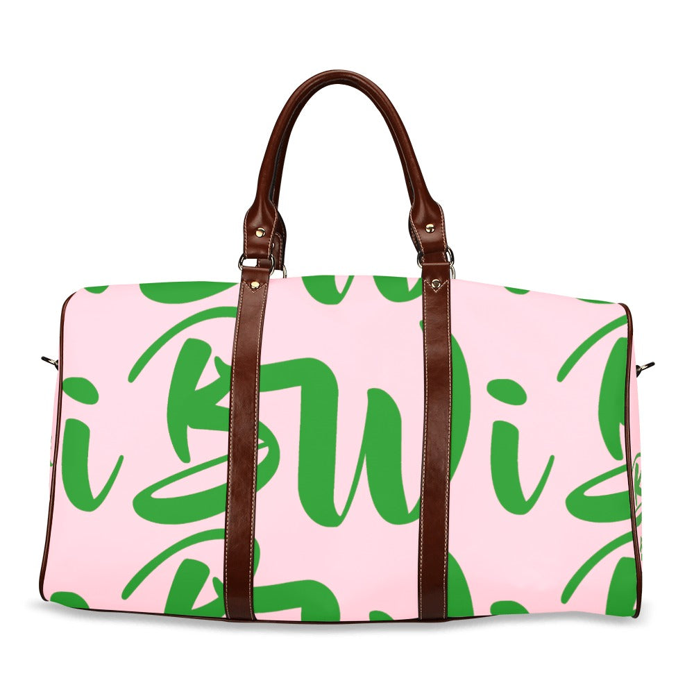 BWI Luxury Travel Bag: Pink w/ Green Font-Brown Leather Strap/Large (Made To Order)