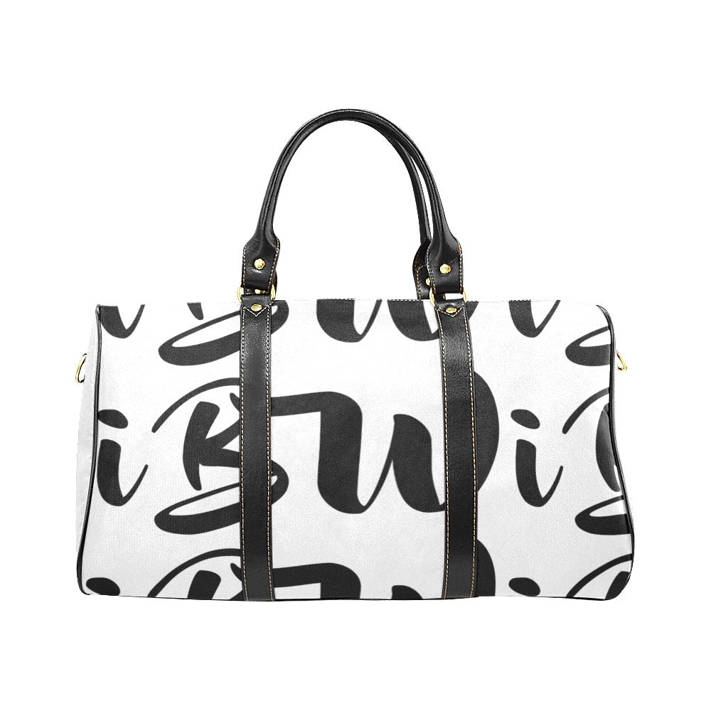 BWI Luxury Travel Bag- White w/Black Font -Black Leather Straps/Large (Made To Order)