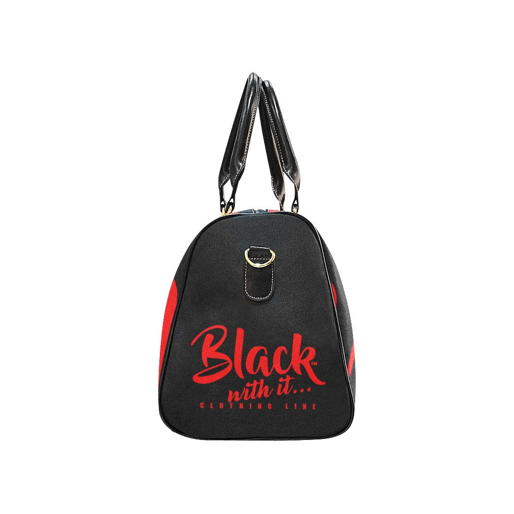 BWI Luxury Travel Bag: Black w/ Red Font - Black Leather Straps - Large (Made To Order)