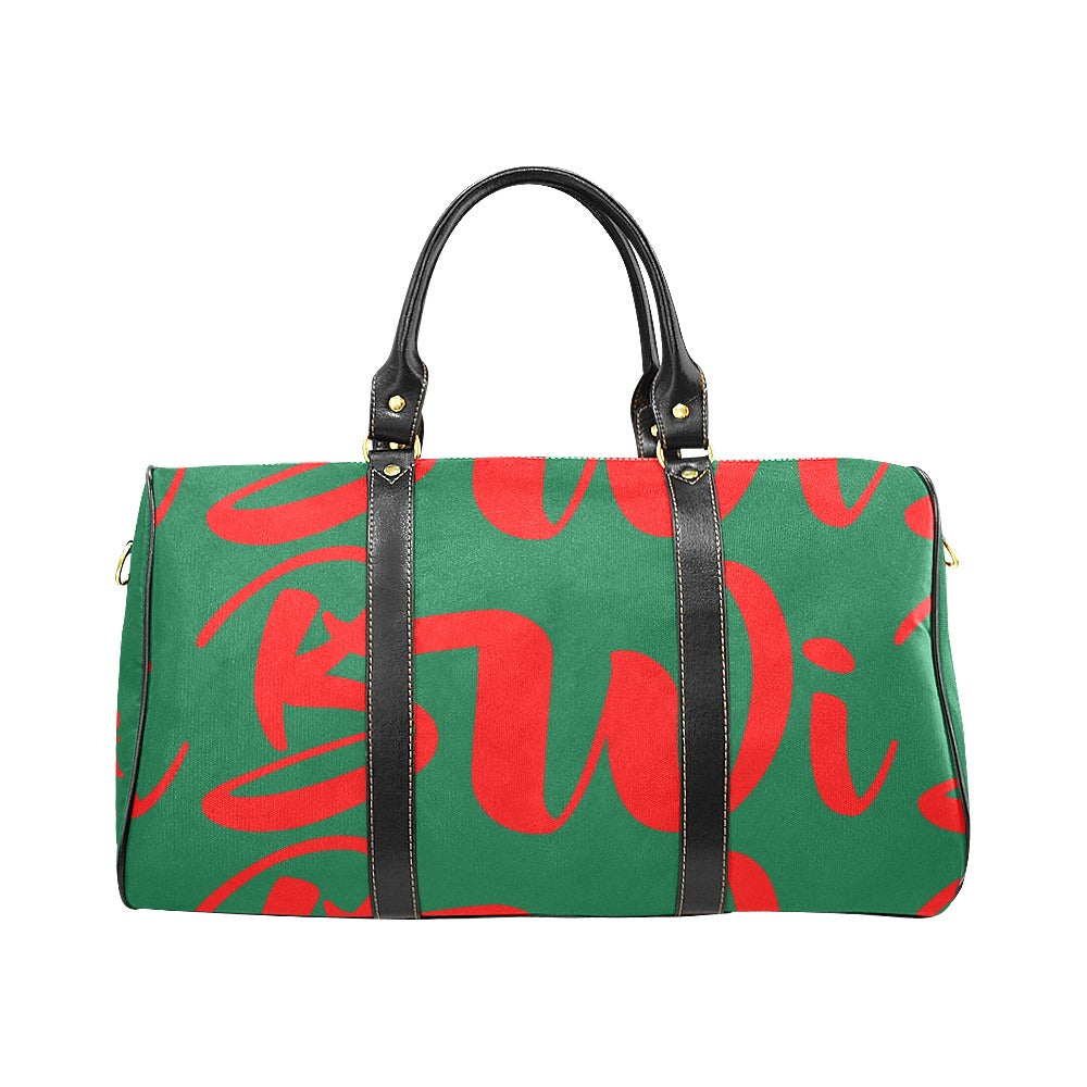 BWI: Luxury Tavel Bag: Kelly Green w/ Red Font - Black Leather Strap New Waterproof Travel Bag/Large (Model 1639)