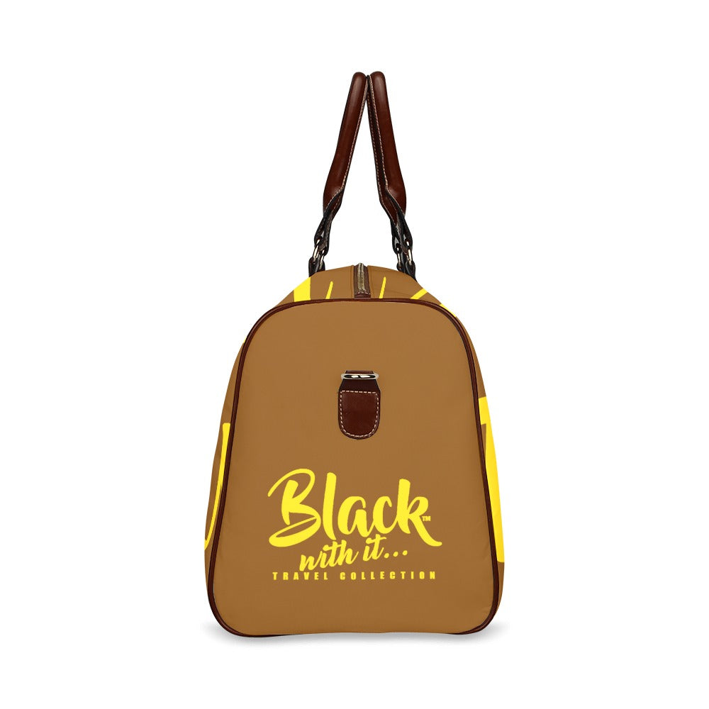 BWI: Luxury Travel Bag: Brown w/ Gold Font - Brown Leather Straps Large-New Waterproof (Model 1639) Waterproof Travel Bag/Large (Model 1639)