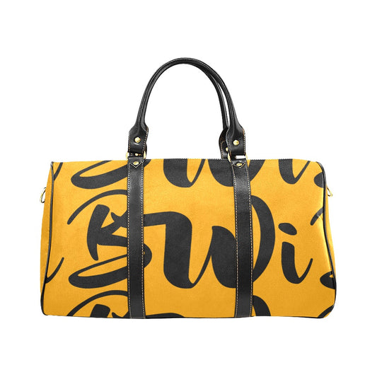 BWI: Luxury Travel Bag: Orange w/Black Font - Black Leather Strap New Waterproof Travel Bag/Large (Model 1639)