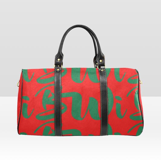 BWI: Luxury Tavel Bag: Red w/ Kelly Green Font - Black Leather Strap New Waterproof Travel Bag/Large (Model 1639)